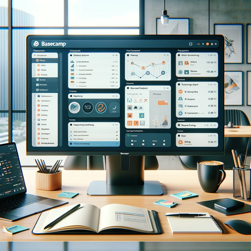 DALL·E 2024-03-04 10.46.26 - A modern, organized workspace featuring a large, high-resolution monitor displaying the Basecamp application with various projects and tasks neatly or