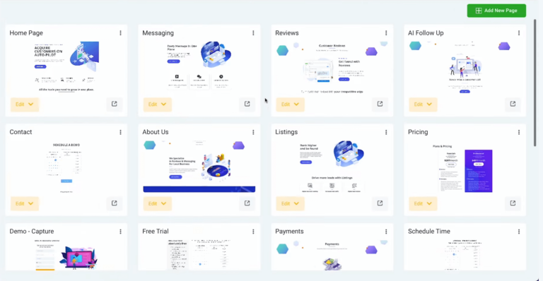 GoHighLevel dashboard with website builder, pricing, and white label features