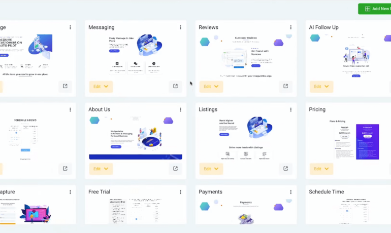 GoHighLevel dashboard with website builder, pricing, and white label features