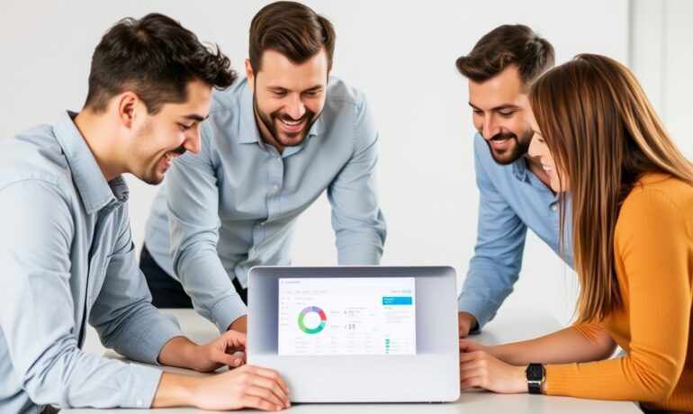 A team of professionals collaborates around a laptop displaying GoHighLevel's dashboard.