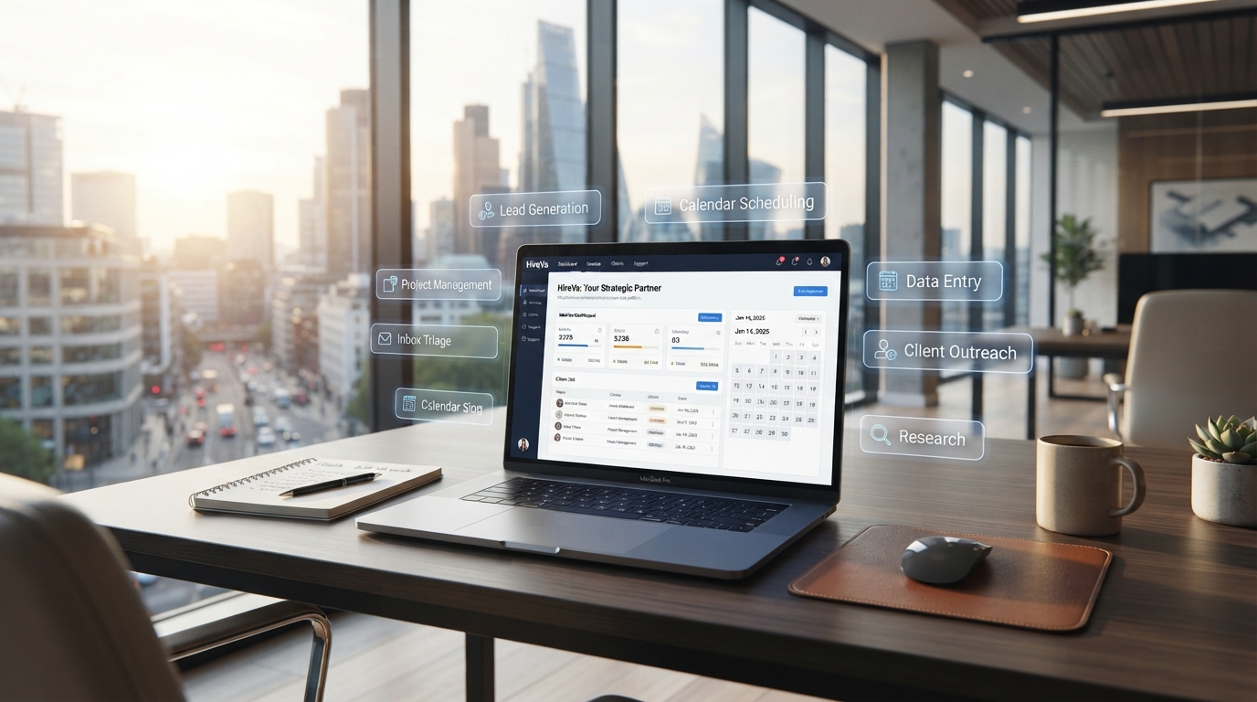 A streamlined remote office dashboard setup illustrating scalable B2B virtual assistant services.