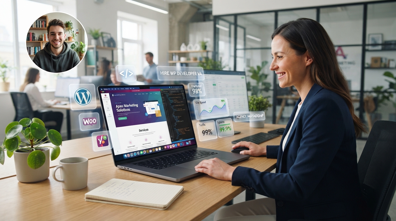 Certified WordPress developer virtual assistant customizing agency themes and optimizing plugin configurations via HireVA