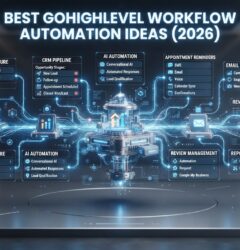 GoHighLevel workflow automation dashboard showing CRM pipelines, automated email marketing, SMS campaigns, lead management, appointment reminders, AI automation, and business workflow optimization.