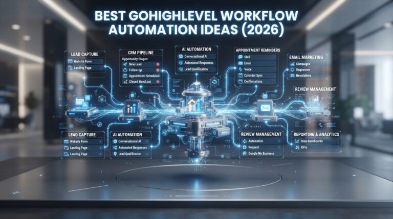 GoHighLevel workflow automation dashboard showing CRM pipelines, automated email marketing, SMS campaigns, lead management, appointment reminders, AI automation, and business workflow optimization.