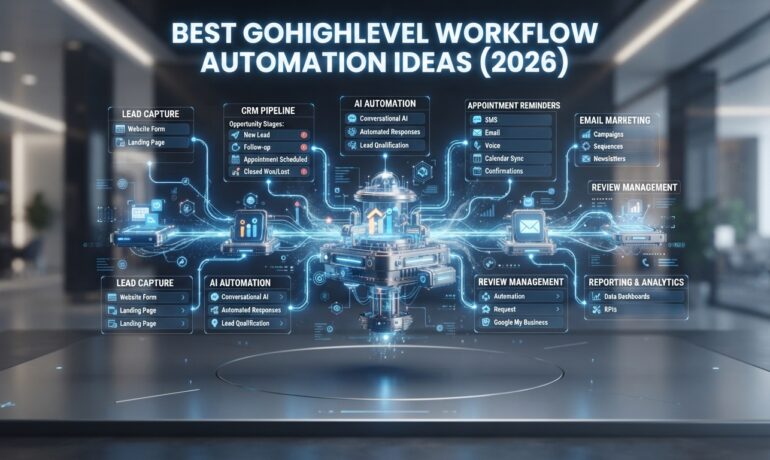 GoHighLevel workflow automation dashboard showing CRM pipelines, automated email marketing, SMS campaigns, lead management, appointment reminders, AI automation, and business workflow optimization.