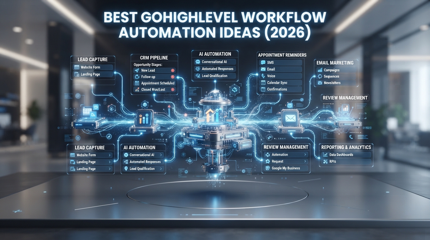 GoHighLevel workflow automation dashboard showing CRM pipelines, automated email marketing, SMS campaigns, lead management, appointment reminders, AI automation, and business workflow optimization.
