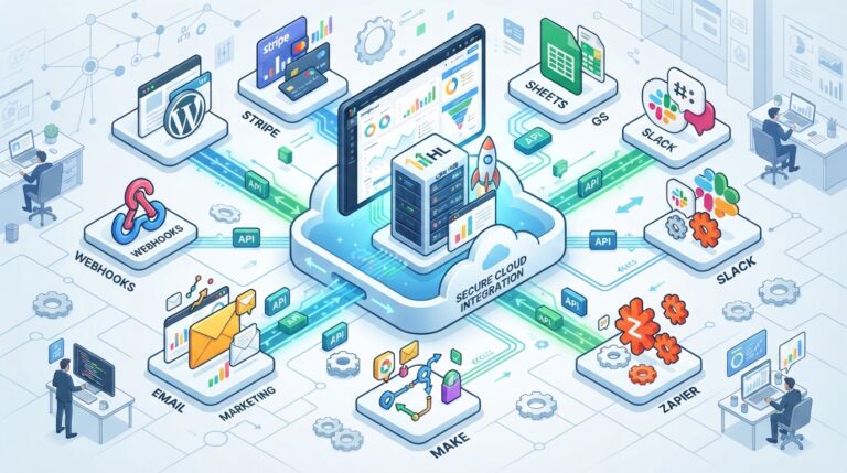 GoHighLevel API integration connecting WordPress, CRM, webhooks, and business applications for workflow automation.
