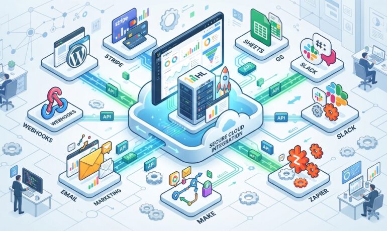 GoHighLevel API integration connecting WordPress, CRM, webhooks, and business applications for workflow automation.