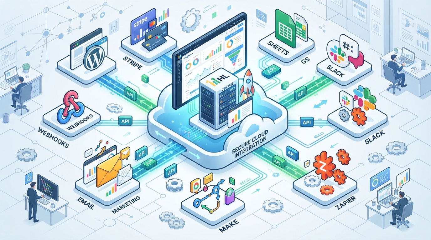 GoHighLevel API integration connecting WordPress, CRM, webhooks, and business applications for workflow automation.