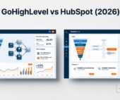 Comparison of GoHighLevel and HubSpot CRM dashboards showing workflow automation, sales pipelines, email marketing, analytics, and customer relationship management features.