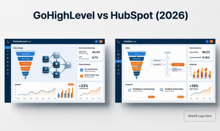 Comparison of GoHighLevel and HubSpot CRM dashboards showing workflow automation, sales pipelines, email marketing, analytics, and customer relationship management features.