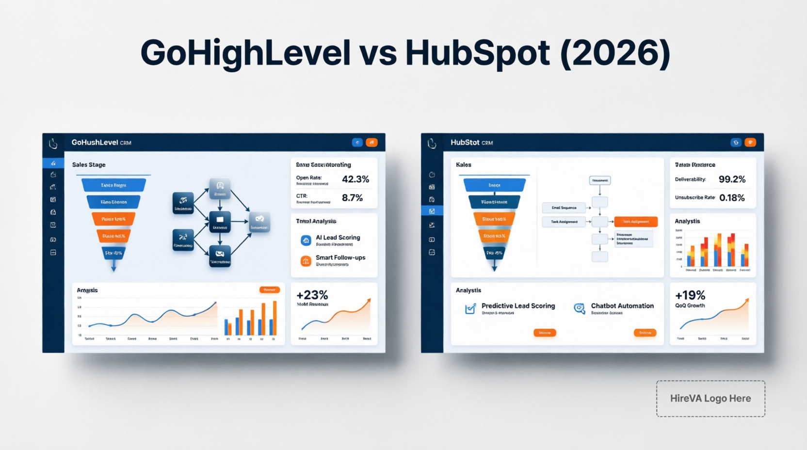 Comparison of GoHighLevel and HubSpot CRM dashboards showing workflow automation, sales pipelines, email marketing, analytics, and customer relationship management features.
