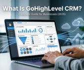 What Is GoHighLevel CRM guide showing CRM dashboard, workflow automation, sales pipelines, email marketing, AI automation, and business growth.