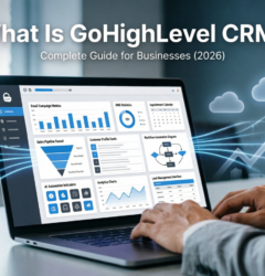 What Is GoHighLevel CRM guide showing CRM dashboard, workflow automation, sales pipelines, email marketing, AI automation, and business growth.