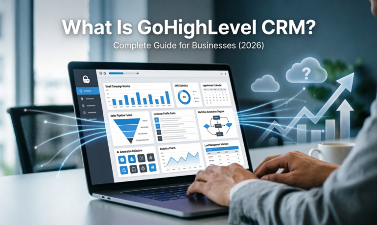 What Is GoHighLevel CRM guide showing CRM dashboard, workflow automation, sales pipelines, email marketing, AI automation, and business growth.