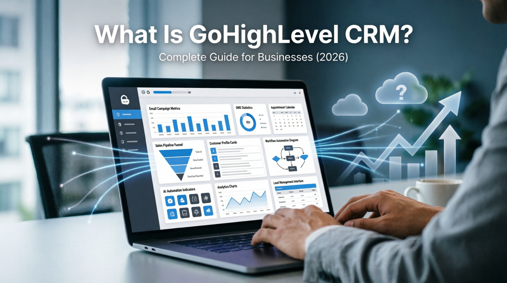 What Is GoHighLevel CRM guide showing CRM dashboard, workflow automation, sales pipelines, email marketing, AI automation, and business growth.