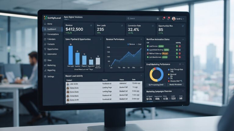 What Is GoHighLevel Used For - CRM, sales funnels, workflow automation, lead management, email marketing, and business automation dashboard.