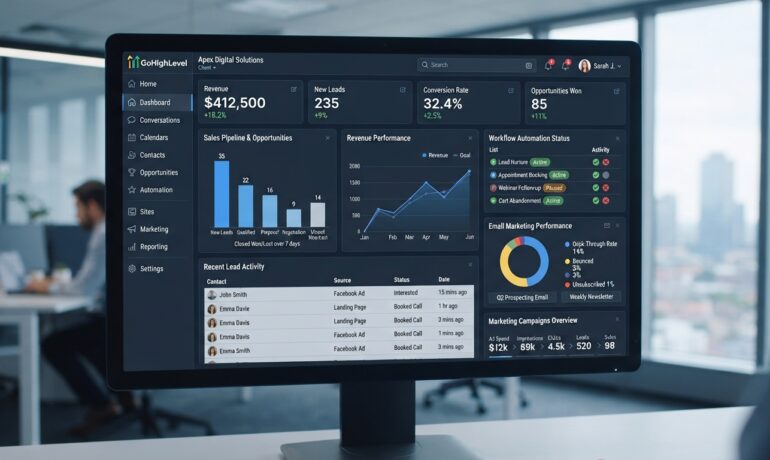 What Is GoHighLevel Used For - CRM, sales funnels, workflow automation, lead management, email marketing, and business automation dashboard.